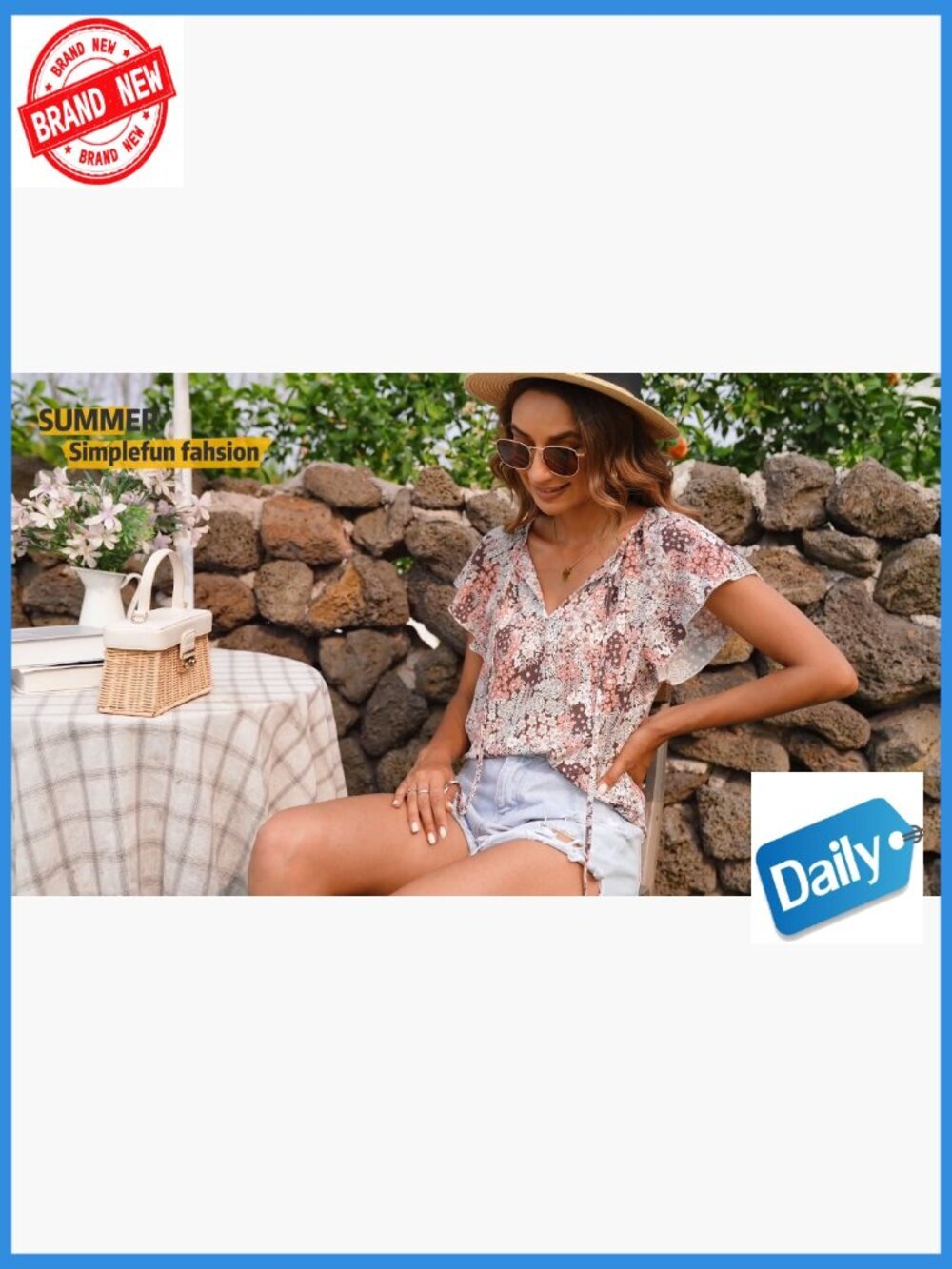 Boho Floral V-Neck Blouse, Short Sleeve Summer Top, Loose Fit - Picture 7 of 7